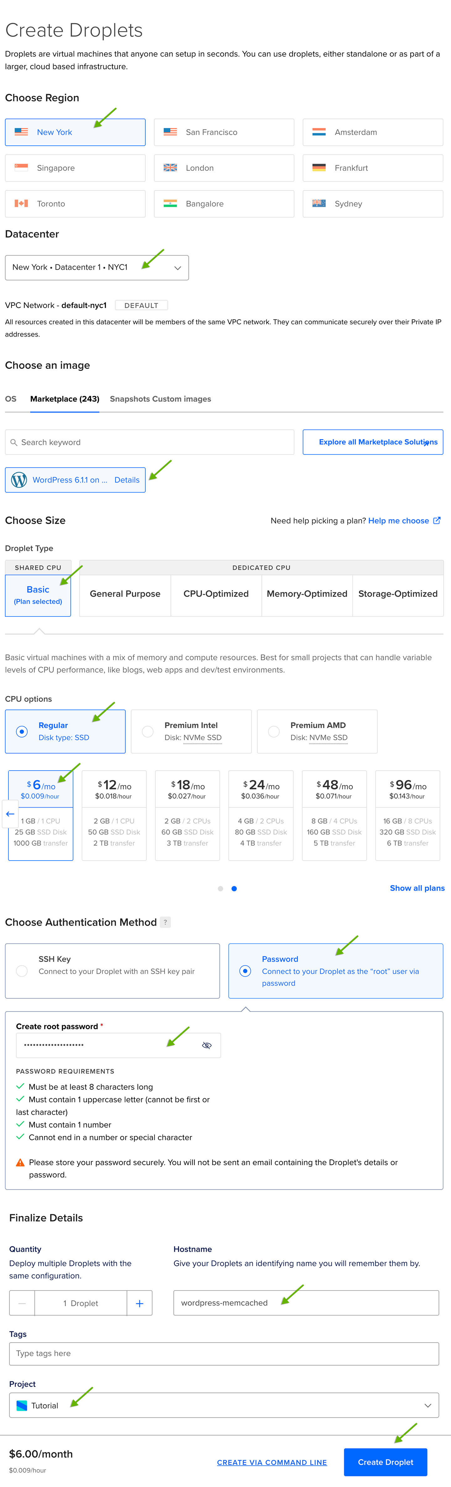 Screenshot of the DigitalOcean create Droplet page creating a WordPress Droplet