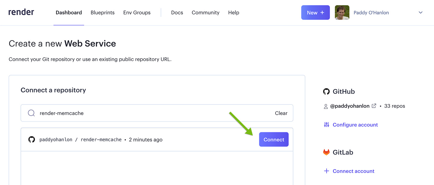 Screenshot of Render.com connecting a GitHub repository to a Web Service