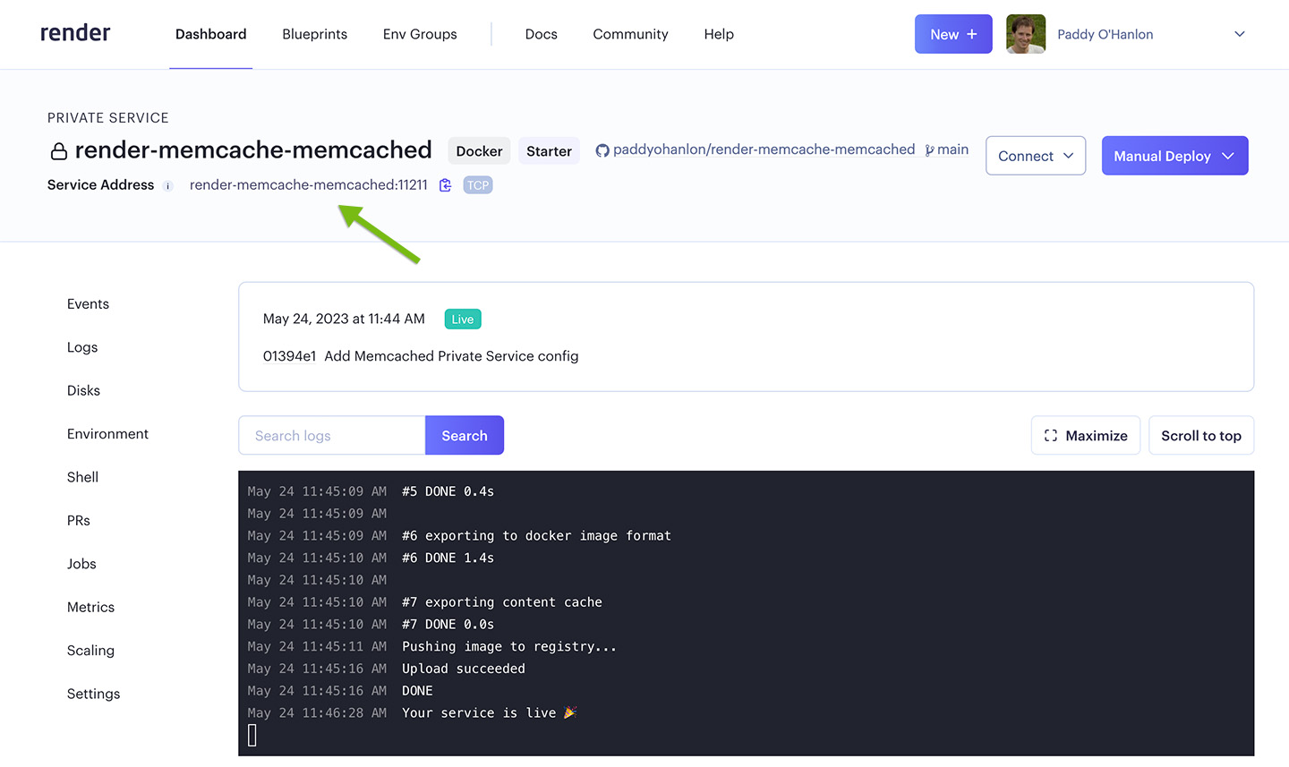 Screenshot of Render.com Private Service dashboard showing its host and port