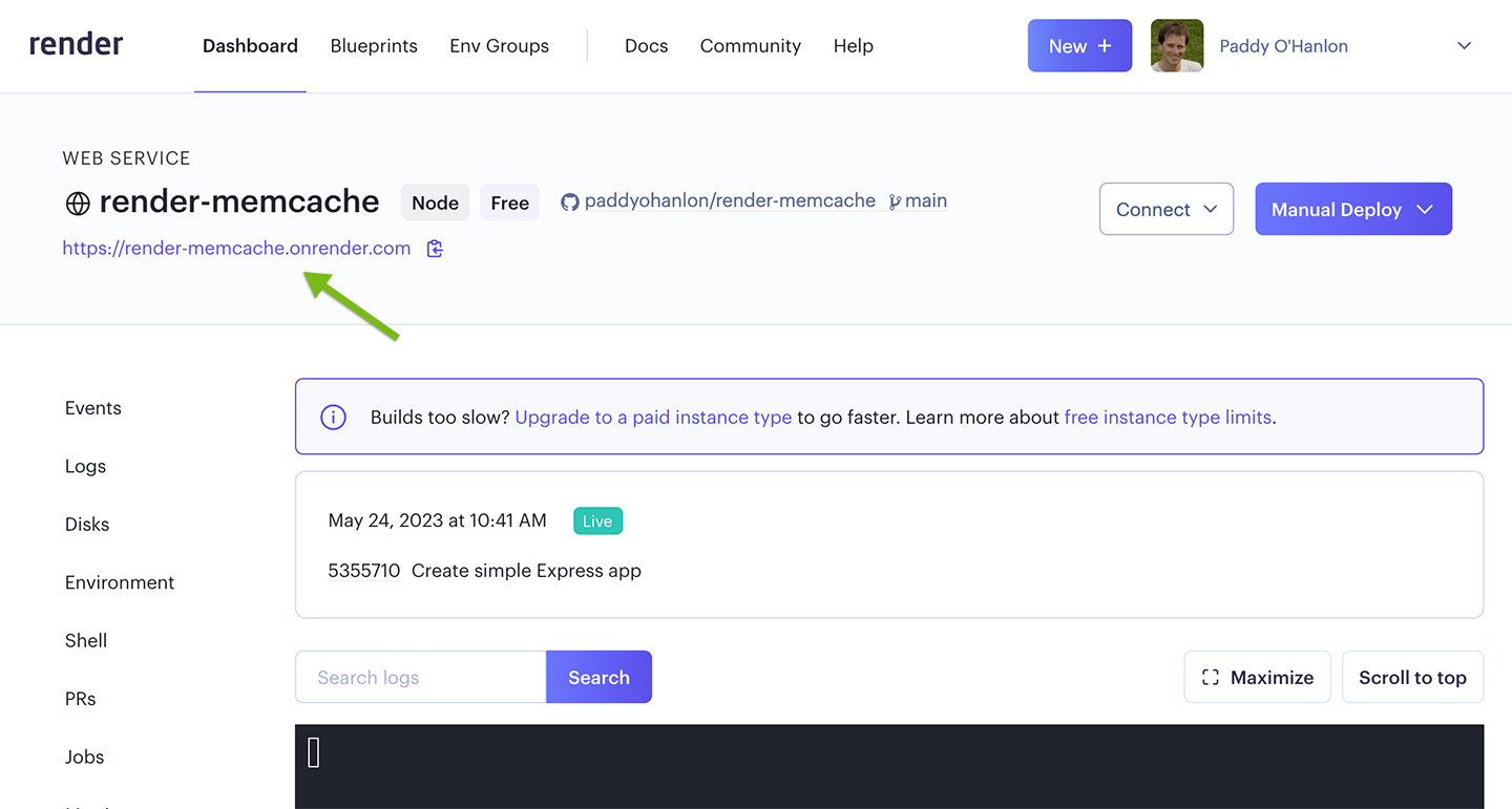 Screenshot of Render.com Web Service dashboard showing its URL