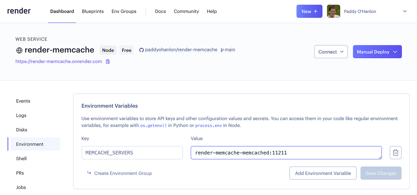 Screenshot of Render.com Web Service environment variables settings