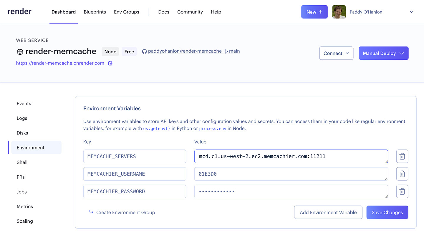 Screenshot of Render.com MemCachier Environment Variables web service settings