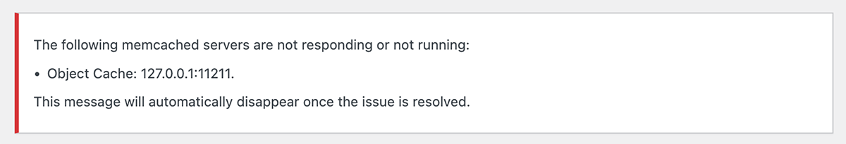 Screenshot of a W3 Total Cache warning saying that the configured cache could not be connected to