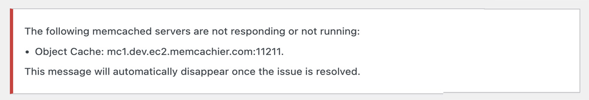 Screenshot of a W3 Total Cache warning saying that the configured cache could not be connected to