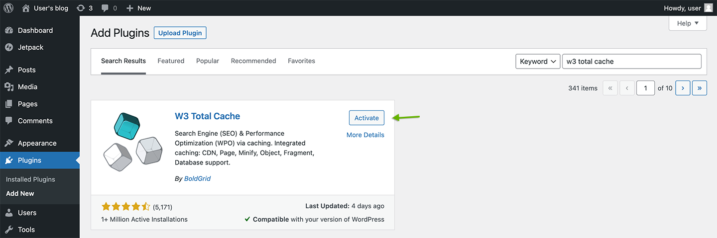 Screenshot of the WordPress plugin page showing W3 Total Cache